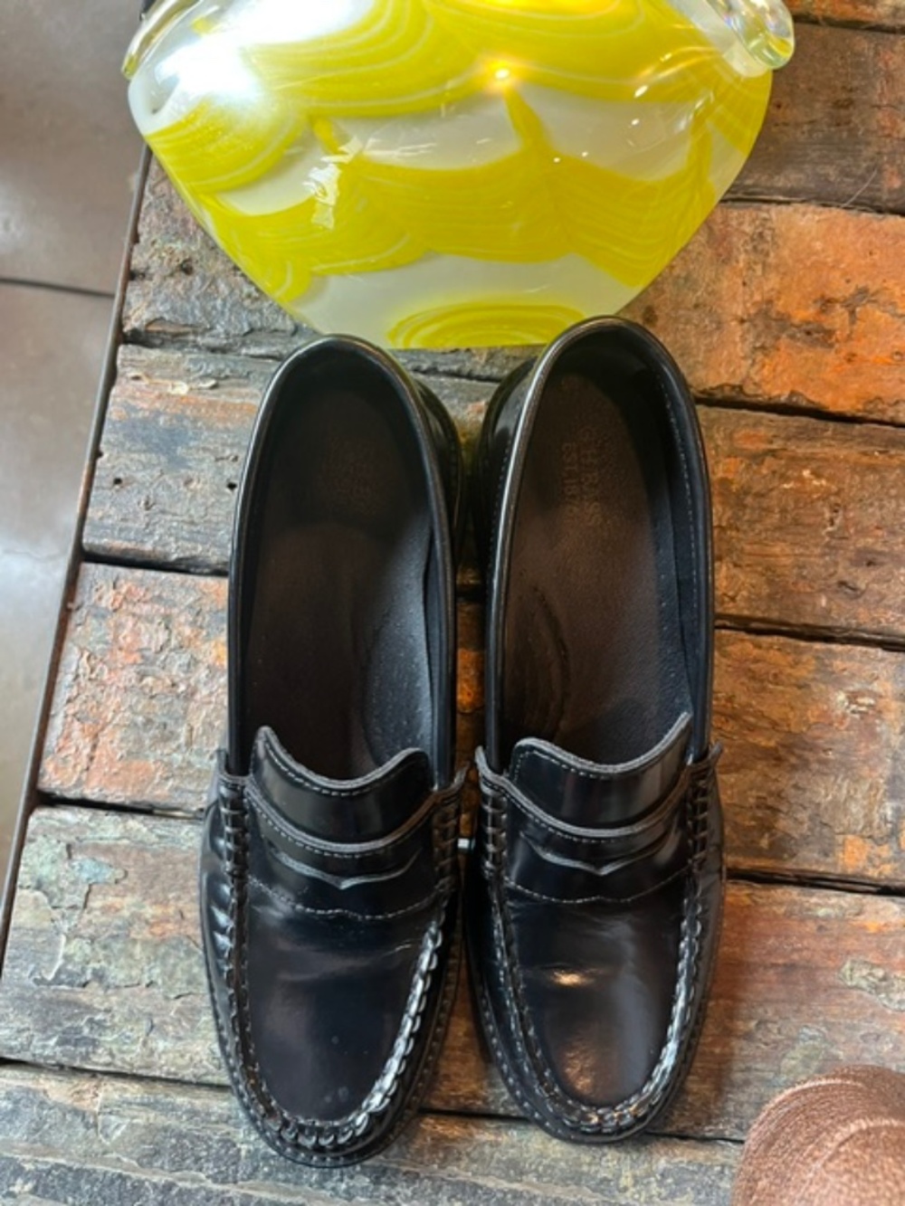 G.H. Bass Black Leather Penny Loafer, with a 1.5 block heel, 8M.